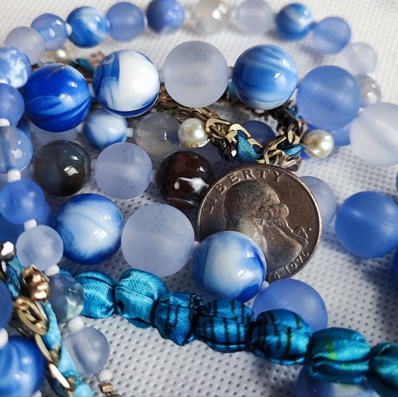 5 Strand Blue Acrylic Bauble Stone Rhinestone & Fabric Beaded Unsigned Necklace - Picture 7 of 12